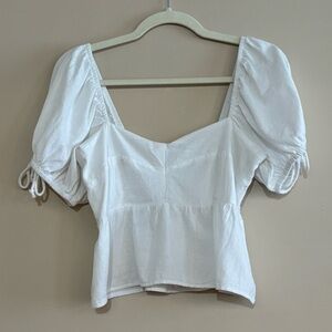 NWT Sim & Sam M Linen Blend Empire Waist Smocked Puff Sleeve Crop Blouse White